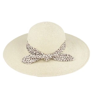 Damas Papel de Verano Paja Alambre Ancha Flejo Sombrero con Banda de Leopardo Reino Unido - Imagen 1 de 10