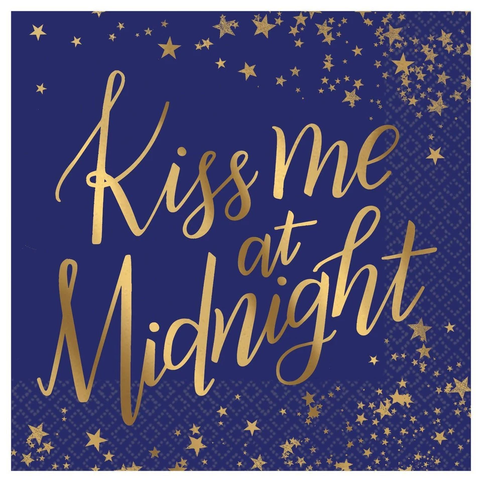 Kiss Me At Midnight 16 Beverage Napkins New Years Eve Navy Gold Stars - Image 1 of 1