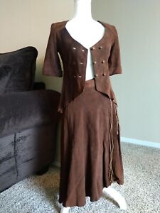 Vintage Retro Brown Leather Suede 2 pc Wrap Skirt Jacket Suit Set Sz S Small 
