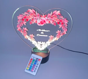 Heart Flower Couples Night Light Up Table Lamp LED Personalized Free With Remote - Picture 1 of 12