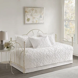 Solid White Chenille Medallion 5 pc Twin Daybed Set Quilted Cotton Cover Bedding - Picture 1 of 7