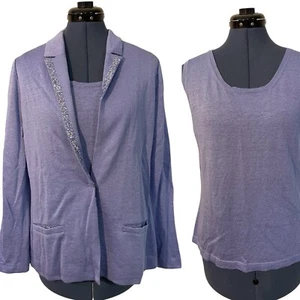 Neu mit Etikett Amina Rbinacci Pullover Set lila ärmellos Oberteil Paillettenbesatz Cardigan 48 12 - Bild 1 von 23