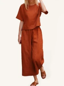 Women's Casual Short Sleeve Cotton Pants Set - Picture 1 of 41