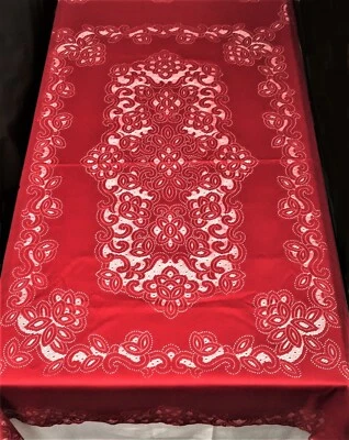 Red Lace Artistry Tablecloth 48" x 67" Dining Room Kitchen Weddng Banquet - Image 1 of 4