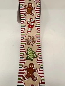 Beige Gingerbread Wired Christmas Ribbon w/Red & Green 2.5" x 10 Yards, NEW - Picture 1 of 6