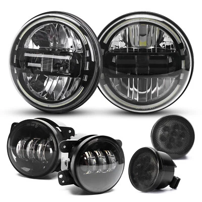 07-18 For Jeep Wrangler JK Black 7" LED Headlights+4" Fog Lights+Turn Lamp Combo - Image 1 of 4
