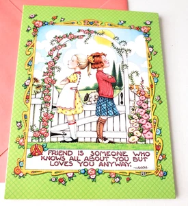 Tarjeta de felicitación vintage en blanco Mary Engelbreit lindos amigos cachorro brillante - Imagen 1 de 2