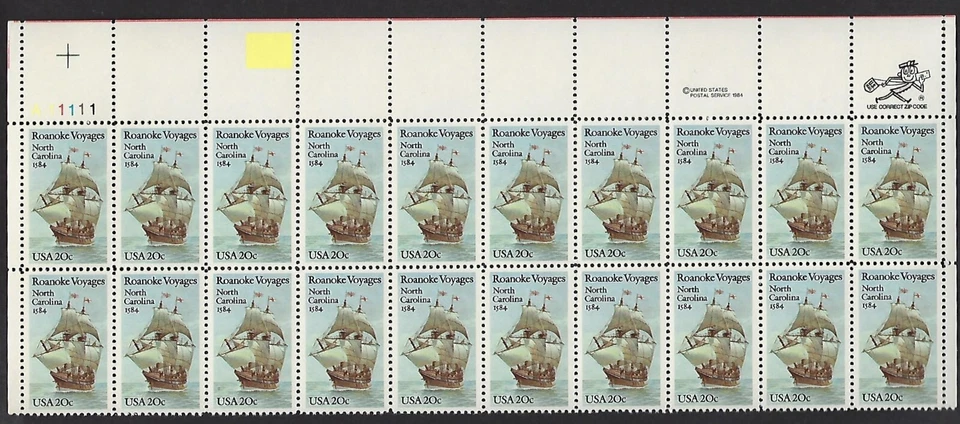2093 MNH Plate Block of 20, 20-cent stamps recognizing the Roanoke Voyages, NC - Image 1 of 1