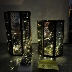 Home Reflections Mercury Glass Lantern w/ Fairy Lights Green 9” And 7” Tall - Picture 1 of 11