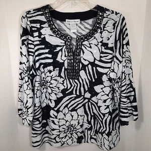 Rebecca Malone Top Damen groß schwarz grau Blumen Zebra glitzernd Boho Mob Wife - Bild 1 von 16