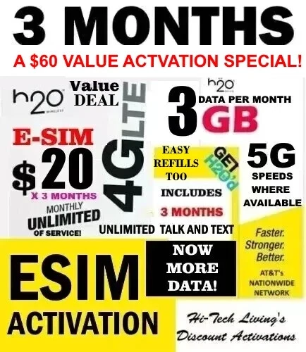 ESIM H2O H20 ✅ E-SIM ACTIVATION ⭐ w/ 3 MONTHS X $20 Plan ⭐ UNLIMITED T/T - Image 1 of 1
