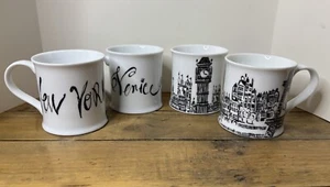 Lot Of 4 Rosanna Paris London Venice NYC Ceramic Coffee Mugs Landmark Sketches - Picture 1 of 7