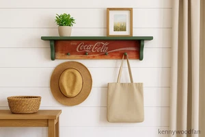Coca-Cola Logo Wood Wall Shelf – Entryway Hooks – Vintage Farmhouse Style - Picture 1 of 5