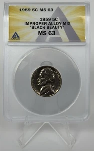 1959 Jefferson Nickel Black Beauty Improper Alloy Mix ANACS MS63 Double Die - Picture 1 of 20