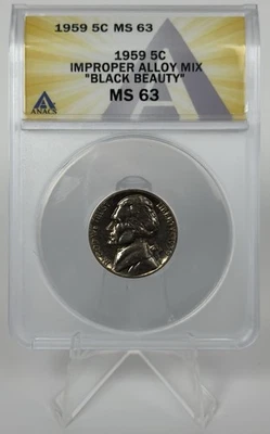 1959 Jefferson Nickel Black Beauty Improper Alloy Mix ANACS MS63 Double Die - Image 1 of 4