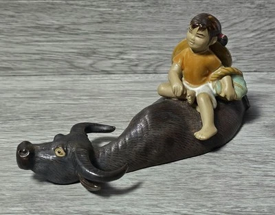 Vintage Chinese Shiwan Mudman,Girl Sitting On Water Buffalo Glazed Clay Figurine - Image 1 of 4