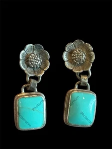 Sterling Silber Faux Türkis Sonnenblume Floral Ohrhänger 925 - Bild 1 von 5