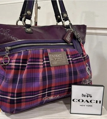 Coach Poppy Tartan Canvas Purple Plaid Graffiti Tote/Shoulder Bag Limited Ed. - Image 1 of 4