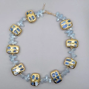 Natural Gemstone Blue Kyanite Chips Rectangle Beaded Choker Necklace - Picture 1 of 5