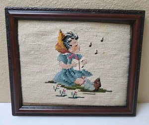 Vintage Handmade Framed Needlepoint Picture Girl Singing 9.5" x 11.75" - Picture 1 of 5
