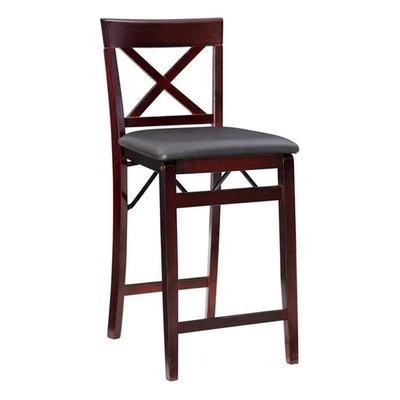 Linon Triena X-Back Folding Counter Stool Brown Faux Leather Seat in Merlot Wood - Image 1 of 4
