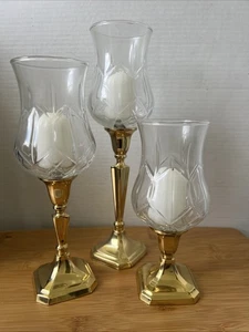 Set of 3 Vintage Brass Candle Holders With Cut Glass Globes Made In India - Picture 1 of 10