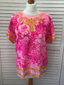 ESCADA by MARGARETHA LEY leuchtendes rosa gelb gold Blumenmuster Seide Tunika Top 40 - Bild 1 von 10