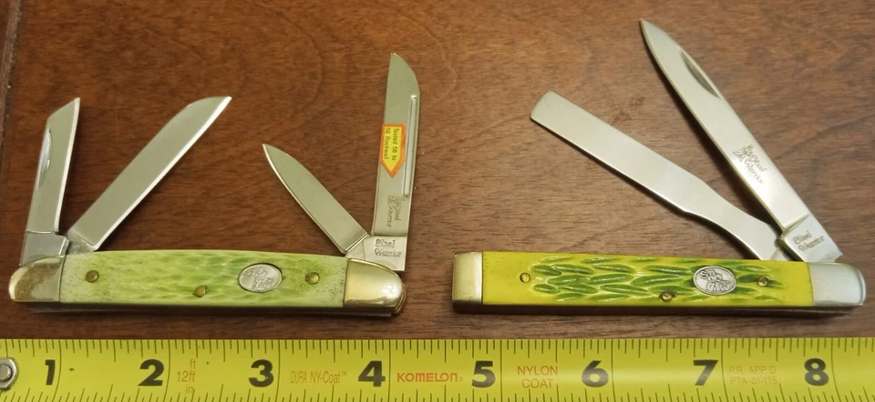 Pair of Steel Warrior Pocket Knives with Green Jigged Bone Handles - Image 1 of 1