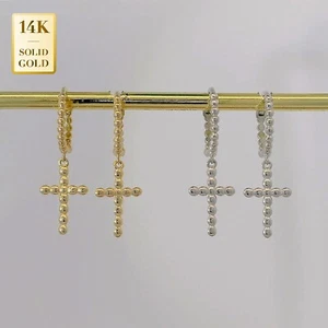 14K REAL Solid Gold Beaded Cross Huggie Hoop Earring Dangle Drop Huggie Jewelry - Picture 1 of 8