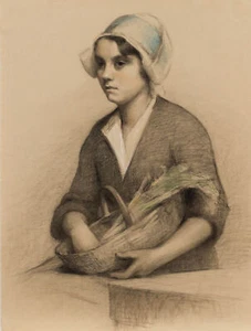 G. Querville - 1936 Graphitzeichnung, Frau mit Gemüsekorb - Bild 1 von 4