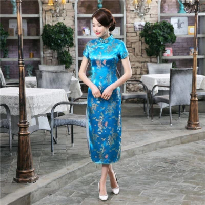 Chinese Women Silk Satin Cheongsam Summer Long Qipao Dress Festival Party Gown