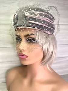 Womens Vintage Hat Pill Box 1950s Style Gray UNION Velvet Felt Fuzzy Veil Topper - Picture 1 of 10