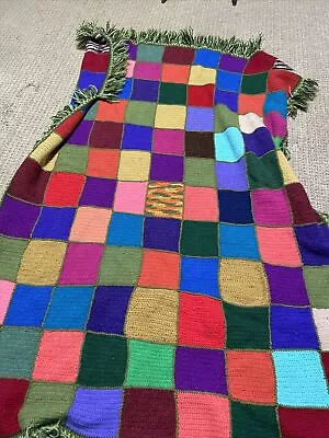 Crochet Afghan Blanket Patchwork Squares Mid Century Cottagecore Granny 70x48 - Image 1 of 4