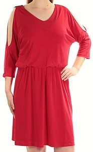 WOMENS XL INC. CUT-OUT 3/4 SLEEVE V-NECK ELASTIC WAIST COCKTAIL DRESS, REAL RED - Picture 1 of 4