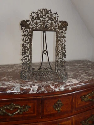 Superbe énorme ancien cadre en métal argenté porte photo tableau miroir  19ème   - Photo 1/4