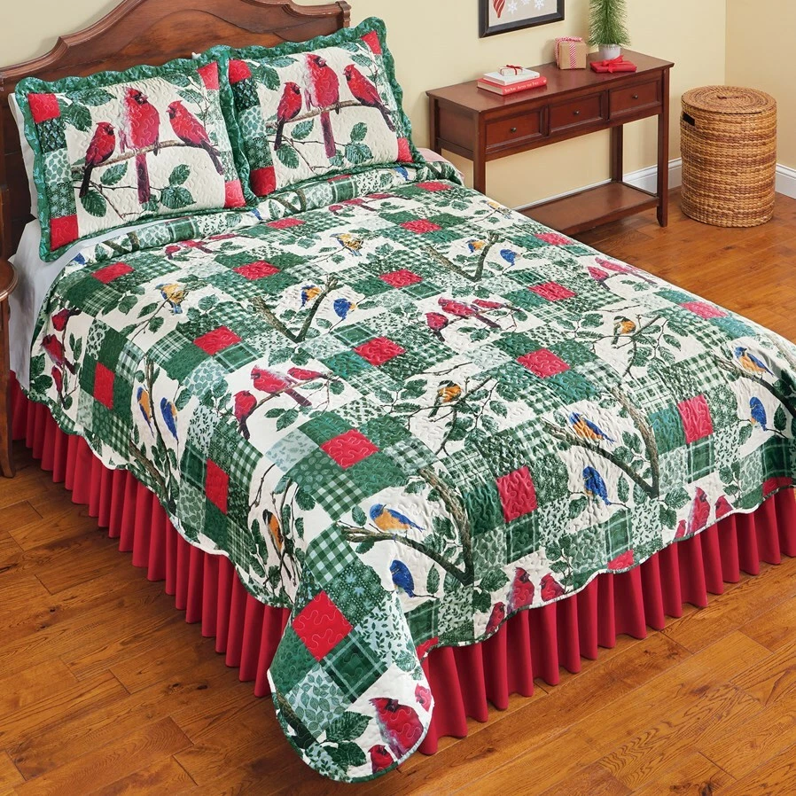 Рождественское лоскутное одеяло с птицами на ветвях праздничное лоскутное одеяло, королевское/полное - Изображение 1 из 1