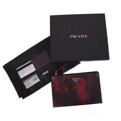 NEW $1080 PRADA MEN'S Red CAMO SAFFIANO LEATHER LOGO Clutch Travel ZIP TOP BAG - Image 1 of 4