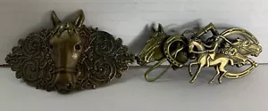 2- Grande barra per capelli 3D vintage in ottone corsa di cavalli e testa di cavallo 4" ciascuna. - Foto 1 di 11