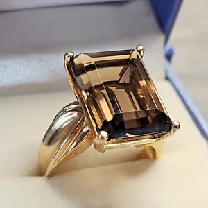 10K Gold Smoky Topaz Quartz Solitaire Cocktail Ring Size 8.5 Clyde Duneier CID - Picture 1 of 13