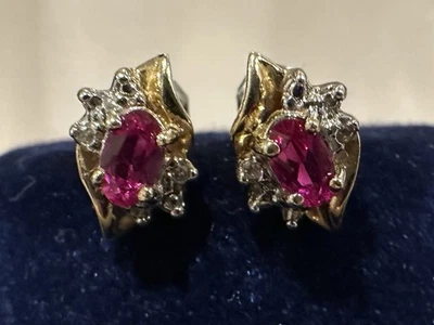 10k Yellow Gold Lab Created Oval Ruby And Diamond Accent Earrings 11x7mm - Image 1 of 4