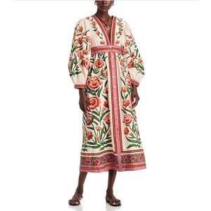 Farm Rio Ainika off-white Puffärmel Blumen Vogel bedruckt Midikleid SMALL - Bild 1 von 12