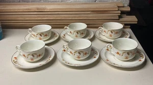 6 set tazze da tè e piattini vintage Hall China AUTUNNO FOGLIA Mary Dunbar Jewel Tea - Foto 1 di 6