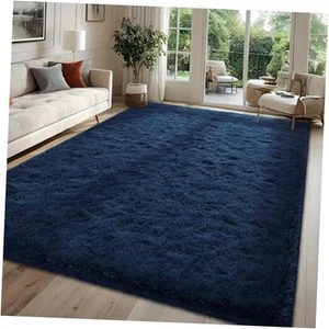 Fluffy Navy Blue 8x10 Large Area Rugs for Living Room, Soft Plush Dark Blue - Picture 1 of 8