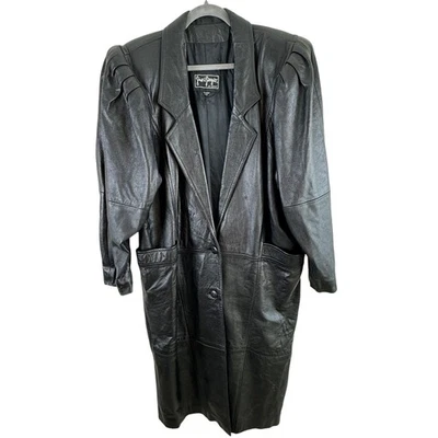 Vintage Gino di Giorgio Black Leather Button Up Trench Coat Size L - Image 1 of 4