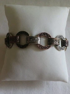 Damascene Style Open Link Bracelet Multicolor Brass, Copper And Silver On Black - Picture 1 of 4