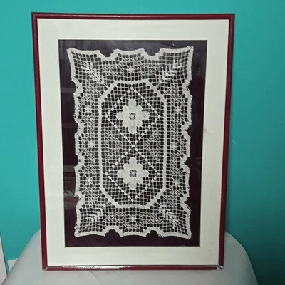 Antique Victorian Lace Crotchet Framed Doiley Amish Wall Folk Art - Image 1 of 4