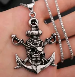 Cadena De Acero Inoxidable Con Colgante Ancla Calavera Doble Espada De Pirata - Imagen 1 de 6