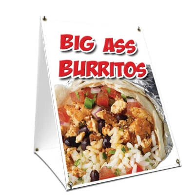 Letrero de acera con marco en A burritos de culo grande con gráficos en cada lado Foto 1 de 3