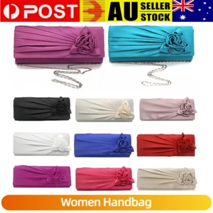 Women Elegant Pleated Satin Rose Evening Wedding Formal Bridal Chain Handbag - Picture 1 of 43