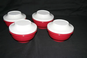 TUPPERWARE 4 Covered Pedestal Asian Style Rice Bowls Soup Dessert 11oz Red White - Picture 1 of 4
